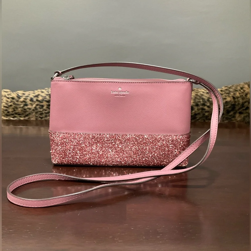 KATE SPADE NY RAMEY GRETA SAFFIANO LEATHER‎ GLITTER SMALL PINK PEONY CROSSBODY